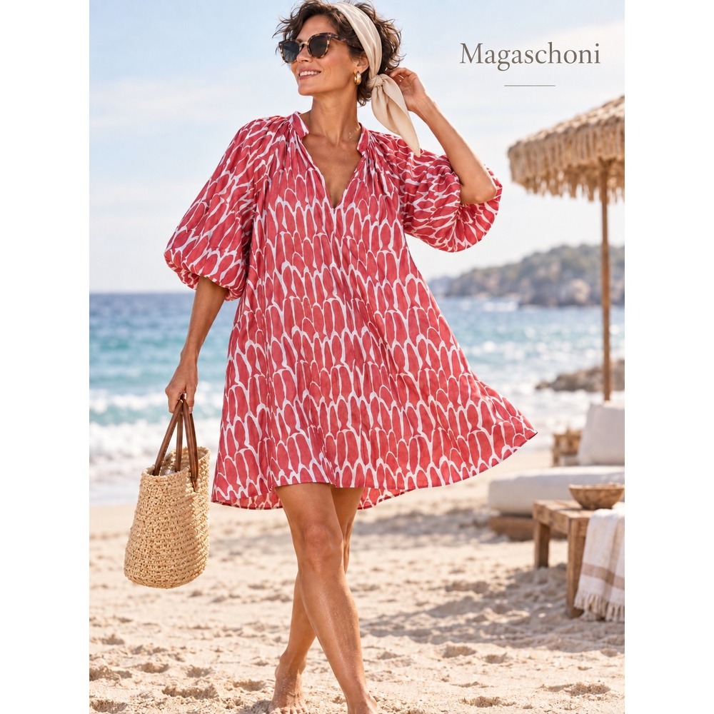 Magaschoni Coral Pink White Linen Blend Geometric Shell Print Tunic Dress Small
